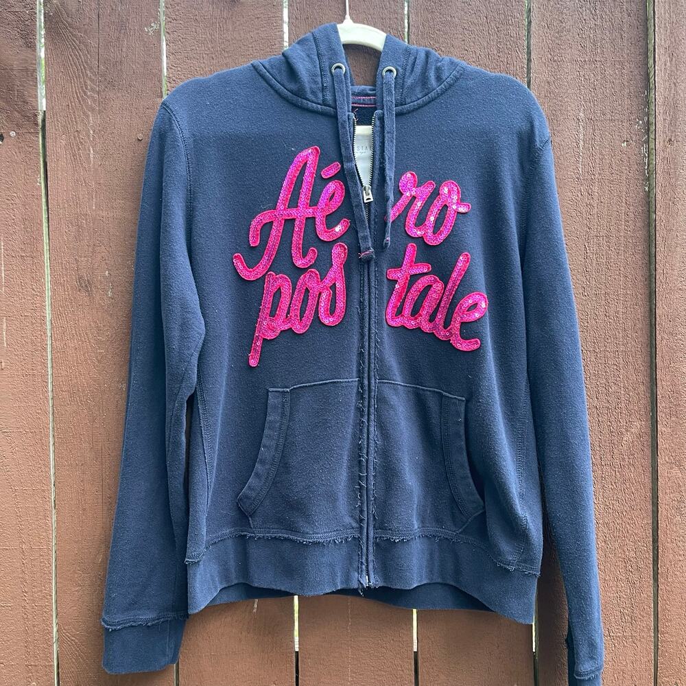 Aeropostale Sequin Logo Zip Up Hoodie Women’s XL Navy Pink Y2K